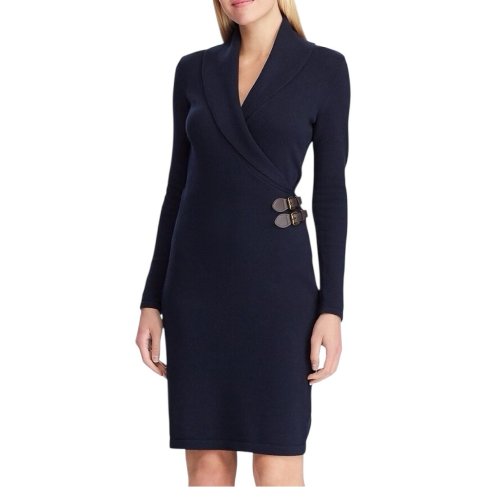 Chaps Shawl Collar Side Belted Navy Blue Sweater Dress Size S
